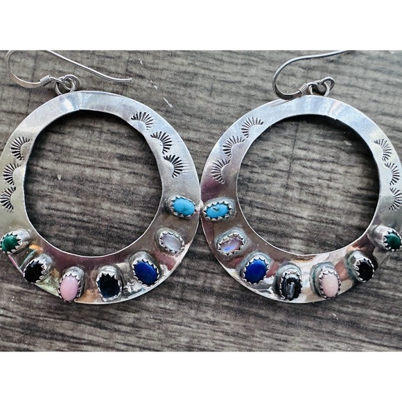 Jewelry - Navajo Sterling Silver Multi Stone Large Hoop Earrings Signed AJ